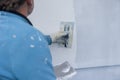 Worker applying plaster to a wall during renovation Royalty Free Stock Photo