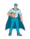 Worker as a Superhero Wearing a Cape and Holding a Clipboard Standing Viewed from Front Cartoon Style