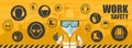 Worker background using his personal protective equipment. Set of icons, pictograms of industrial safety and occupational health