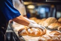 A worker at a bakery takes fresh bread out of the oven. Industrial production