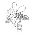 A worker bee flies with a spoon & a bucket of honey, a funny character with a smile