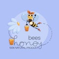 Worker bee. Natural flower honey. Funny bee with full honey buckets. Vector background. Bee swarm