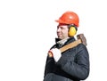 Worker with big sledge hammer on the shoulder isolated