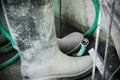 Worker boots in the construction site Royalty Free Stock Photo