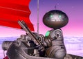 Worker bot is seiling in a floating boat on another planet close up