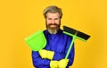 Worker with brush. Cleaning equipment. Yardman occupation. Garbage removal. Cleaning day. Janitor professional. Bearded