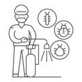 Worker,bug destroyer vector line icon, sign, illustration on background, editable strokes