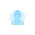 Worker, builder in hard hat flat vector icon. Filled line style. Blue monochrome design. Editable stroke