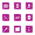 Worker builder icons set, grunge style