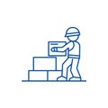 Worker builder taking bricks line icon concept. Worker builder taking bricks flat vector symbol, sign, outline