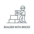 Worker builder taking bricks vector line icon, linear concept, outline sign, symbol