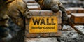 Worker Building the Border Wall with WALL Bricks for Border Control Infrastructure Royalty Free Stock Photo