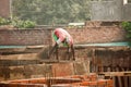 Worker building masonry house wall