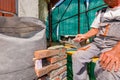 Worker is building wall of brick of building under construction Royalty Free Stock Photo