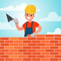 Worker builds a wall, brickwork. Work of the builder. Vector