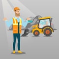 Worker and bulldozer at rubbish dump. Royalty Free Stock Photo