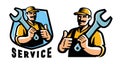 Worker in cap with wrench. Engineer, technician, mechanic, builder logo. Workshop, service emblem. Vector illustration