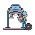 Worker car lift wheel automotive service