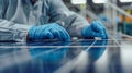 A worker carefully inspecting a freshly assembled solar panel ensuring that all components are securely in place before