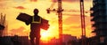 A worker carries building materials at a construction site as the sun sets, casting beautiful colors in the sky and creating Royalty Free Stock Photo