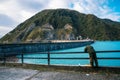 Worker carries repair work on the Enguri hydroelectric dam HES