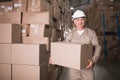 Worker carrying box in warehouse Royalty Free Stock Photo