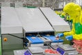 Worker catch a cutting chicken meat scaling weight for check specification