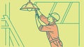 Worker changing a light bulb on a ladder, practical maintenance. vector design Generative AI Royalty Free Stock Photo