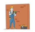 Worker Character Drill Wall. Home Repair Service, Construction, Renovation and Remodeling Works, Locksmith with Tools Royalty Free Stock Photo