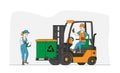 Worker Character Driving Forklift Truck with Garbage for Waste Processing. Technological Process