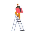 Worker Character with Red Tile Climbing on Ladder Isolated on White Background. Employee Conduct Roofing Works Royalty Free Stock Photo