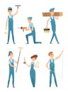 Worker characters. Professional people builders constructors factory workers home repair mascot vector illustrations