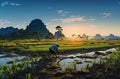 A worker checking on the crops in the rice fields of Vietnam