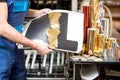 Man working with press machine at the manufacturing Royalty Free Stock Photo