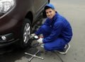 Worker checking tire pressure in car wheel at station Royalty Free Stock Photo