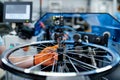Worker checks bicycle rim on backlash, factory Royalty Free Stock Photo