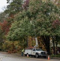 Carrboro, North Carolina, US-November 13, 2018: Workers repairing power lines after tree fell on them in storm