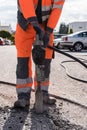 Construction worker with chisel hammer - close-up