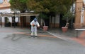 A worker of the cleaning and disinfection brigade seen during the COVID-19 outbreak in the island of Mallorca wide view