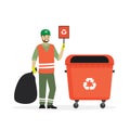 Worker cleaning garbage with a recycling sign and trash can. Cartoon Recycling concept