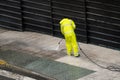 Worker cleaning the sidewalk with pressurized water