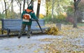 Worker is cleaning up fallen leaves with backpack blower Royalty Free Stock Photo