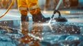 Worker cleans sidewalk using pressure washer Royalty Free Stock Photo