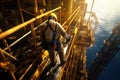 worker climbing ladder on board of offshore oil rig Royalty Free Stock Photo