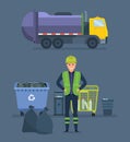 Worker collect garbage in garbage truck, take him out city.