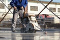 Worker with concrete cutting machine in motion Royalty Free Stock Photo