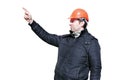 Worker on a construction site in winter directs and hand gesticulating