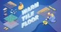 Worker, construction tools and isometric words Warm tile floors. Vector.