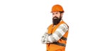 Worker in construction uniform. Architect builder. Bearded man worker with beard in building helmet or hard hat. Builder Royalty Free Stock Photo