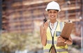 Worker, contractor or technician talking, radio and checklist with construction project. Engineering woman, happy Royalty Free Stock Photo